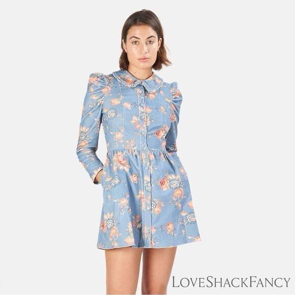 LOVESHACKFANCY **NWT** Beyers Corduroy Mini Dress in Faded Denim Floral - Picture 4 of 16